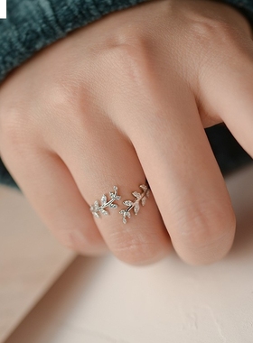 银小清新甜美气质戒指树叶设计开口戒森系少女感手百搭