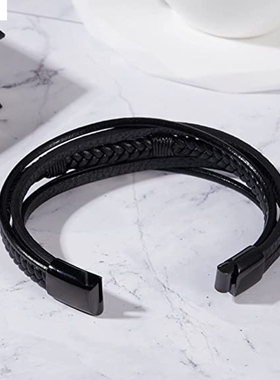 跨境热卖多层手工编织牛皮绳不锈钢色十字手链男士皮绳磁铁扣百搭