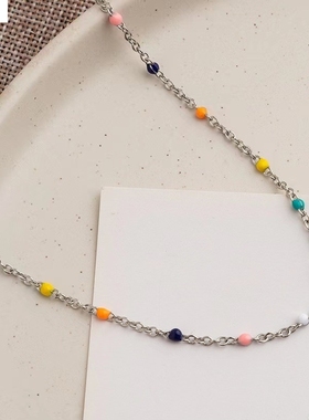 韩国叠戴时尚彩色滴油小豆子项链女简约小众时尚可爱锁骨链百搭