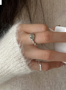 几何不规则竹节戒指女气质仿玉石925银开口指环小众食指戒潮百搭