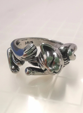 复古小懒猫镀银猫咪戒指女森系猫咪指环可调节日韩饰品百搭