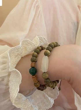 复古绿色香檀木串珠手链女夏季新款年新品新中式情侣可调节手百搭