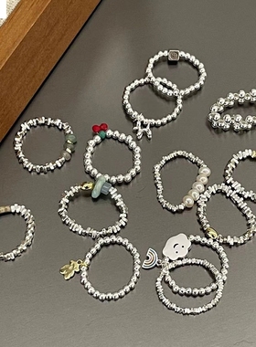 弹力绳戒指组合925银手工手串碎银子银珠戒指风时尚热卖款百搭