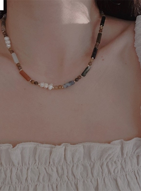时尚几何多彩串珠项链女时尚气质风锁骨链天然石淡水珍珠项链百搭