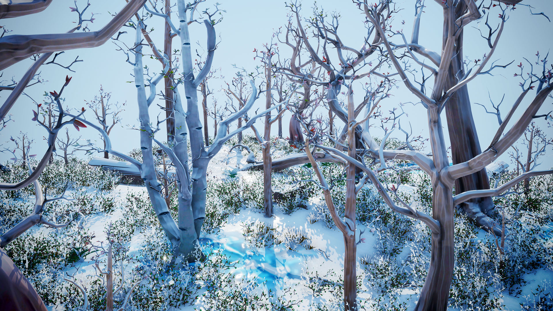 UE5 Stylized Winter Forest卡通冬天森林树林树干UE4场景4.27-图1