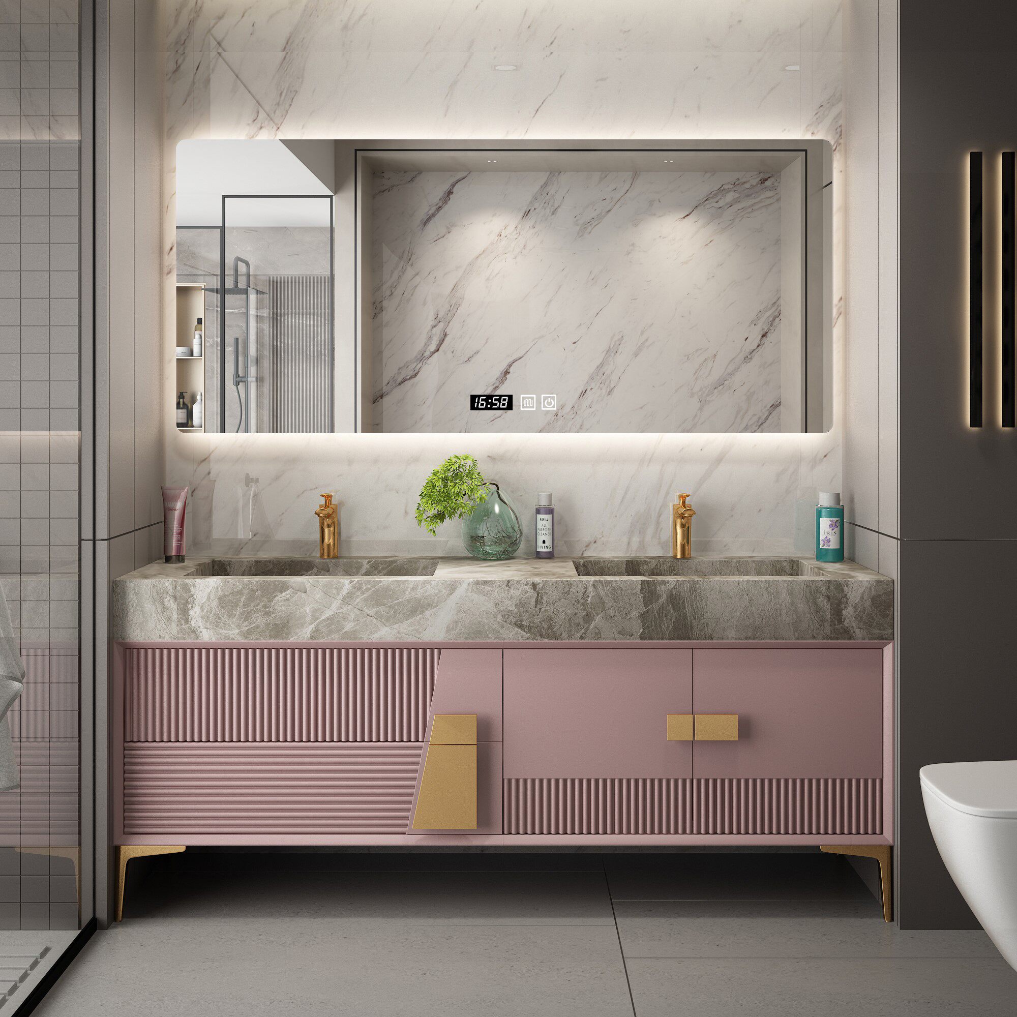 轻奢简约实木浴室柜岩板一体盆卫生间组合双盆洗脸盆洗手间落地柜