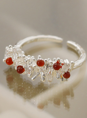 气质新款红色玛瑙戒指女厚银电泳不规则设计感宝石食指戒开口戒子