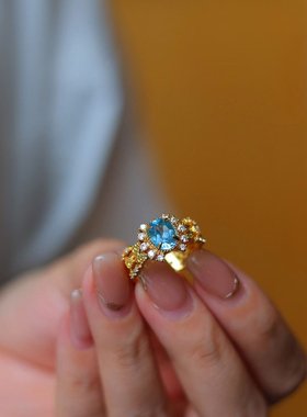 天然托帕石铜镶24K金黄金椭圆形戒指时尚活圈可调节大小蓝戒