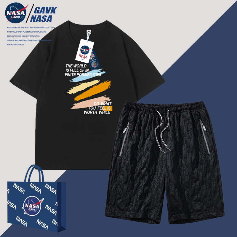 NASA GAVK新品潮牌运动纯棉印花T恤套装男情侣运动提花拉链短裤女