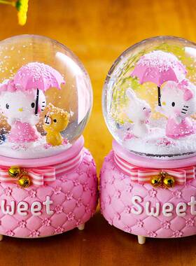 家居猫水晶球音乐盒送女生日情人节礼物摆件树脂工艺品节日公仔