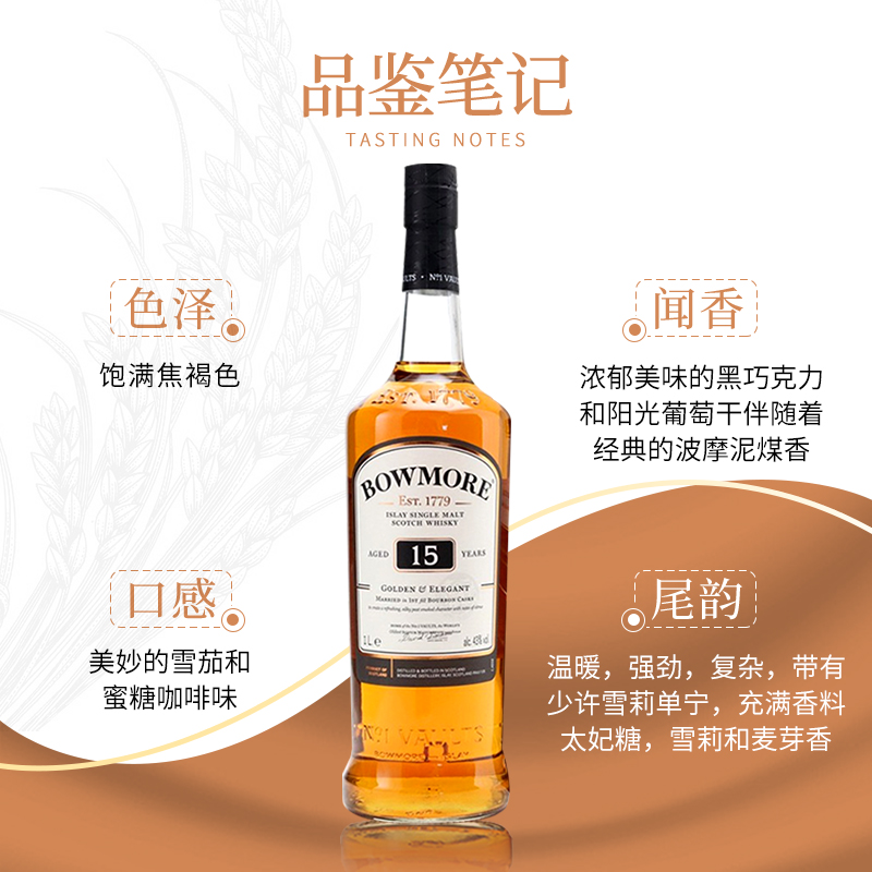 Bowmore/波摩15年1000ML苏格兰单一麦芽威士忌酒海外正品进口洋酒 - 图1