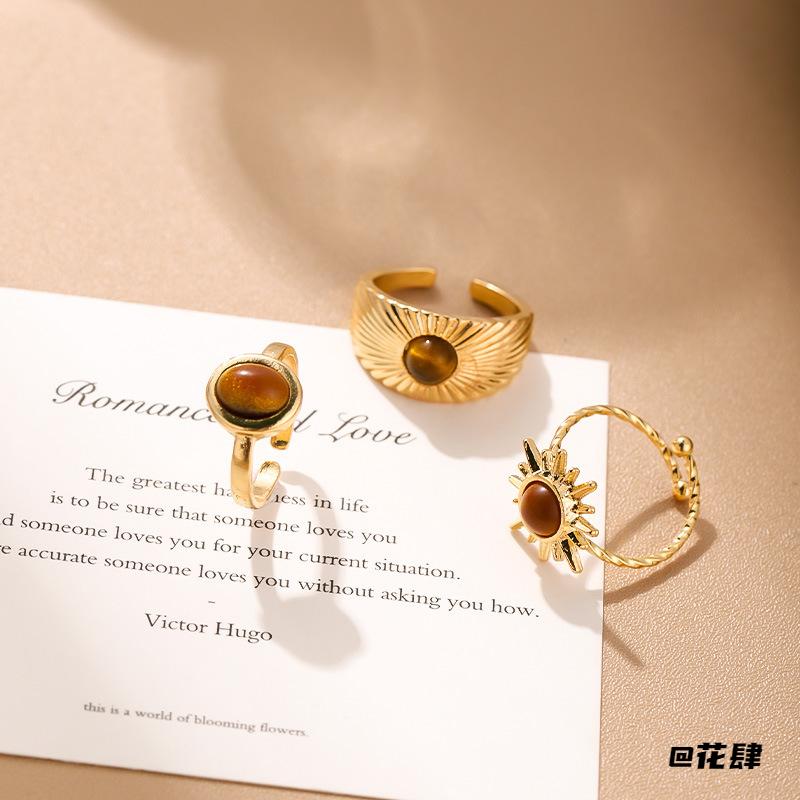 Imitation Tiger Eye Stone Maillard Retro Open Ring Autumn and Winter Retro Maillard Personalized Imitation Tiger Eye Stone Open Ring