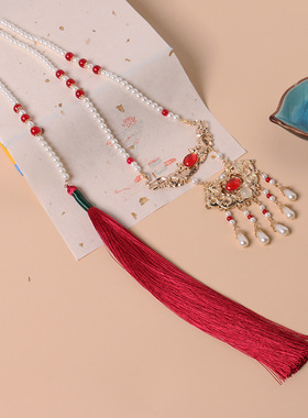 国风马面裙汉服配饰祥云锁金锁软璎珞红色长流苏背云新年喜庆颈饰