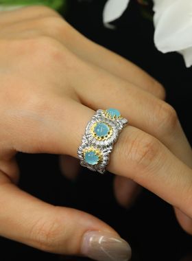 925银镀金戒指高碳钻布家小雏菊蓝玛瑙虞书欣同款百搭女生戒指