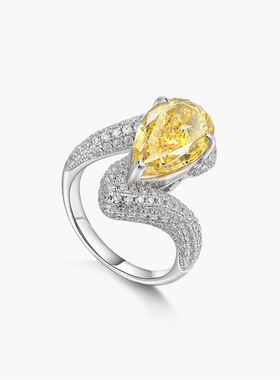 925纯银欧美奢华大气时尚艳彩黄戒指镶嵌进口高碳钻高级感女