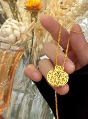 胖福小金坨项链越南沙金龙鳞拉丝如意小锁包镶钻吊坠锁骨链新中式