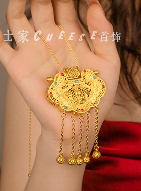 金锁黄金色吊坠天子门生沙金项链仿金婚嫁项链仿真三金结婚锁骨链