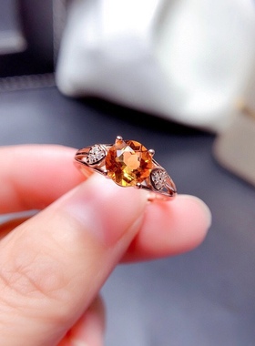 天然黄水晶戒指女S925纯银时尚个性招财黄宝石开口指环简约圆形