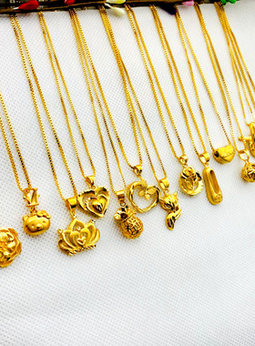 沙金项链女锁骨链爱心花朵镀24k黄金色吊坠盒子链饰品非久不掉色