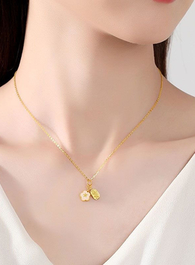 古法沙金镶嵌白玉樱花吊牌小桃花项链招财小方牌吊坠手串diy配件