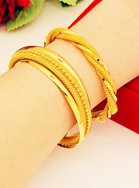 沙金手镯女欧币金铜镀24k金假黄金网状多线连珠结婚仿金镯子包邮