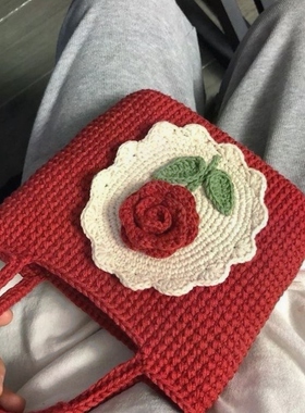 [成品]复古玫瑰手机包编织diy手工毛线钩针山茶花包手提包零钱包