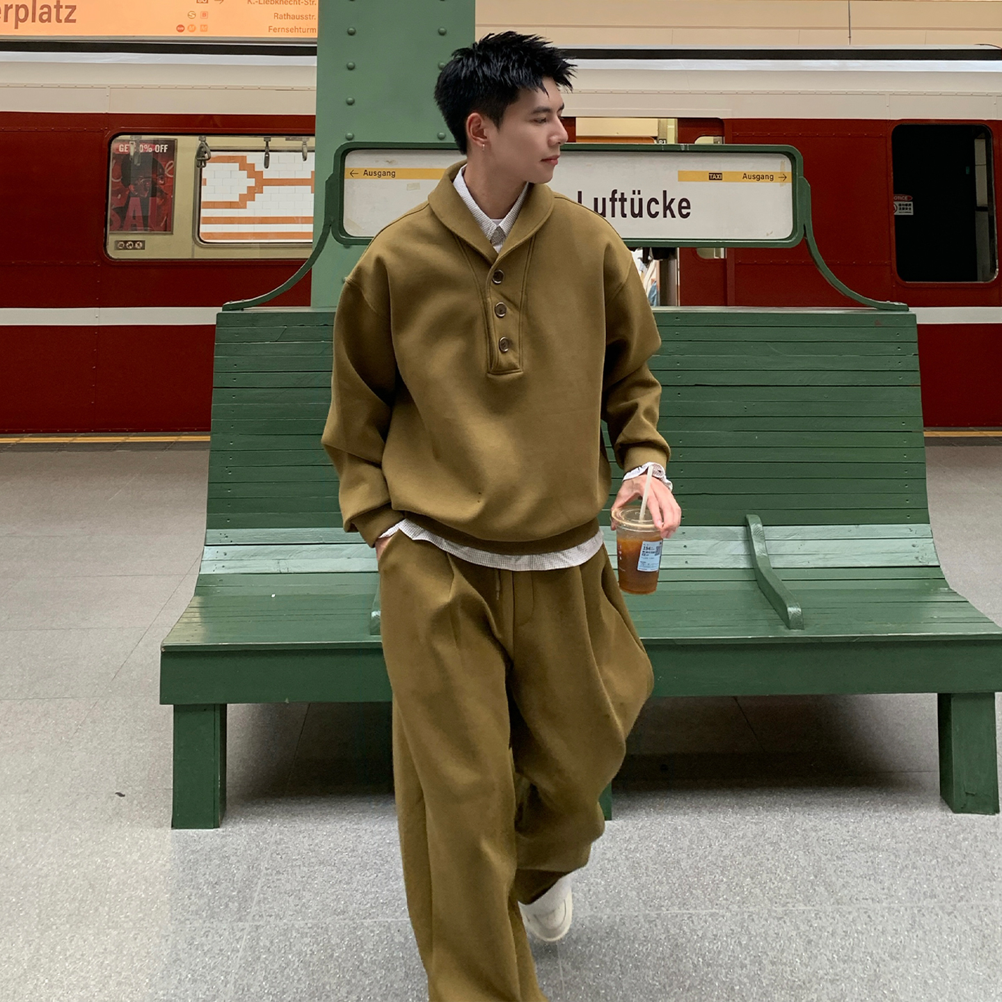 Holocene美式潮牌氛围感纯色假两件卫衣套装男秋季老钱一整套搭配 - 图1