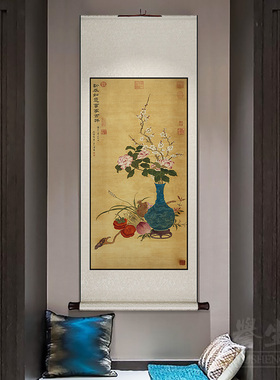 玄关过道中式复古花鸟卷轴挂画