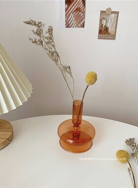 新品ins风棕色玻璃烛台r花瓶 韩风小众客厅干燥花插画器皿 假花桌