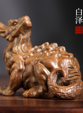 新品天然绿f檀木实木雕刻白泽摆件文玩手把件家居装饰品工艺品