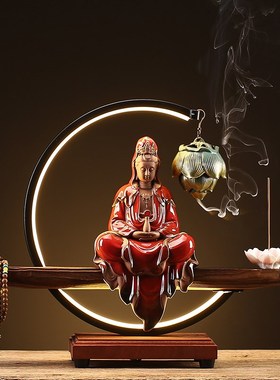 极速新中式禅意观音佛像摆件玄A关客厅陶瓷复古创意倒流香装饰品