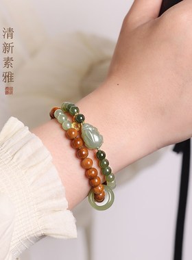 极速精品库克圆珠天然和田玉手串双拼两圈貔貅葫芦跑环手Z链女款2