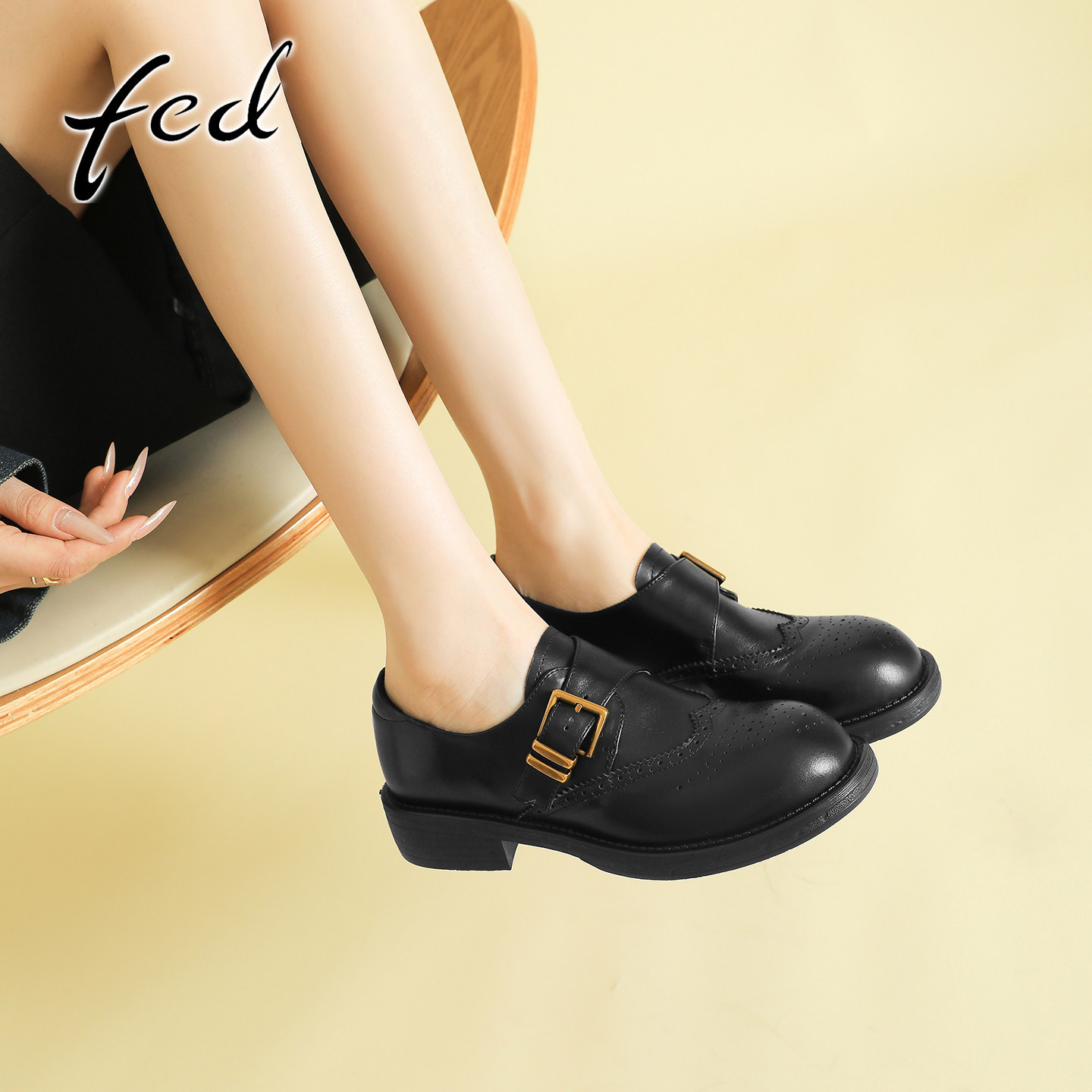 fed真皮粗跟厚底加绒乐福鞋女复古雕花小皮鞋一脚蹬圆头深口单鞋,淘宝优惠券,粉丝福利购,淘宝优惠卷