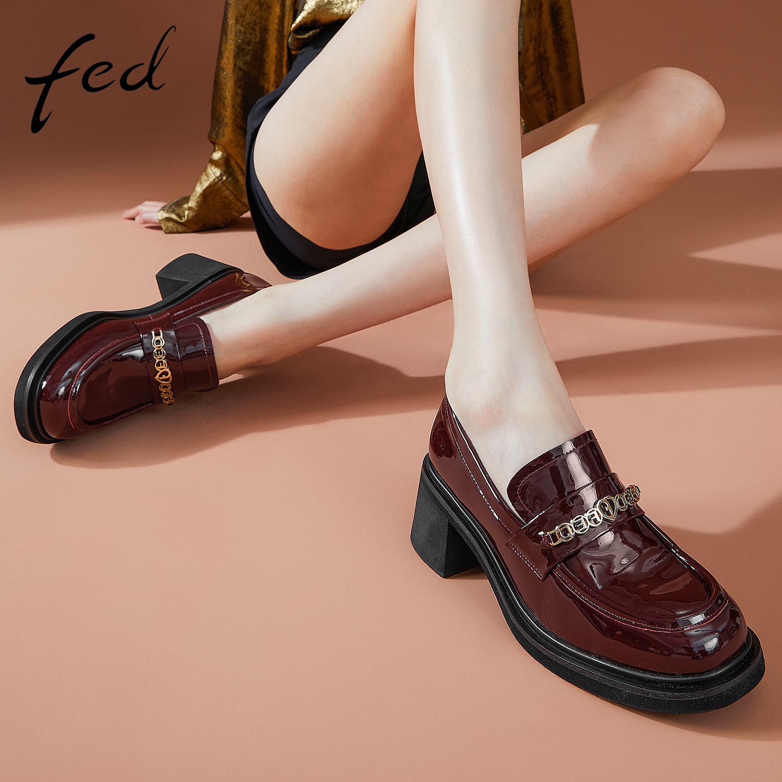 fed复古乐福鞋冬季新款女鞋真皮单鞋高跟小皮鞋女款D0923-YAB325 - 图0