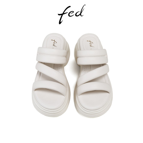 fed真皮凉拖夏季新款女鞋松糕厚底拖鞋海边沙滩鞋女S0414-YAB239 - 图1