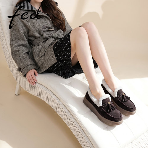 fed加绒厚底勃肯鞋女冬季新款一脚蹬乐福鞋复古流苏平底保暖棉鞋s - 图0