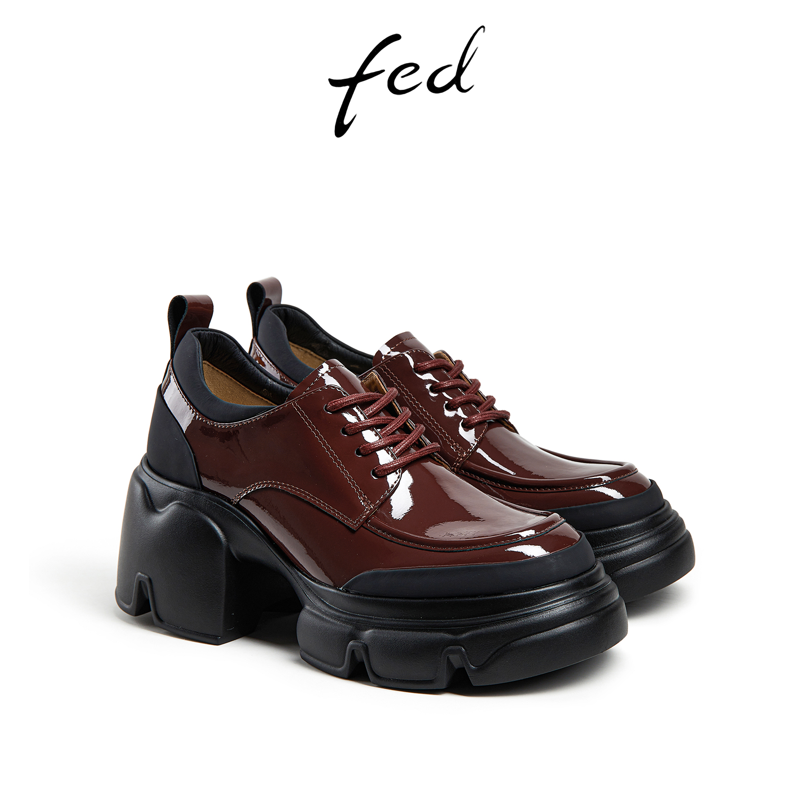 fed酒红色小皮鞋秋季新款女鞋厚底单鞋真皮牛津鞋女D0903-YAB163 - 图3