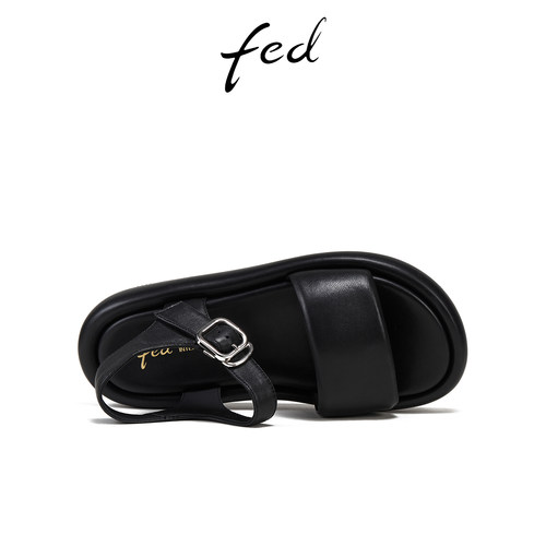 fed休闲凉鞋夏季新款女鞋黑色真皮厚底一字带凉鞋女款S0331-YA819 - 图0