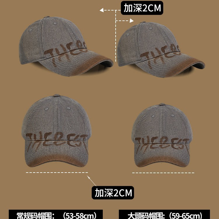 美式复古字母灰色棒球帽女宽帽檐大脸显脸小鸭舌帽百搭大头围帽子 - 图2