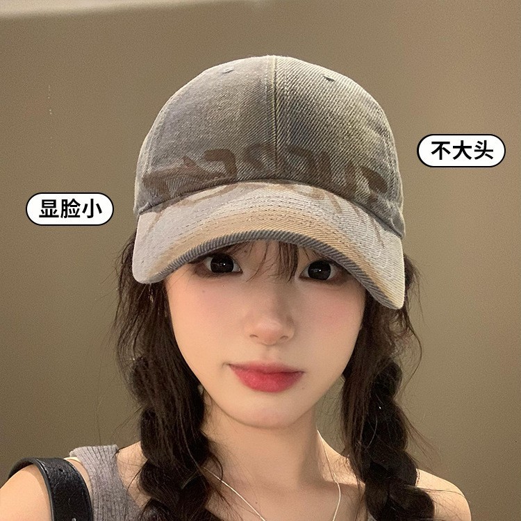 美式复古字母灰色棒球帽女宽帽檐大脸显脸小鸭舌帽百搭大头围帽子 - 图0