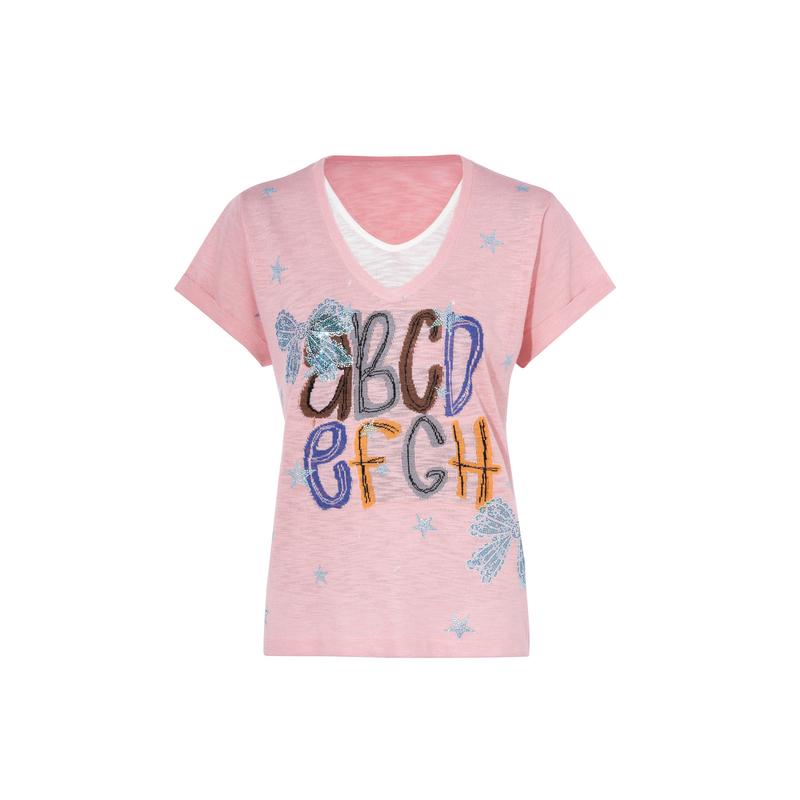 TCH私服烫钻时尚淑女假两件宽松短袖T恤女夏季新款T75B09E5005 - 图3