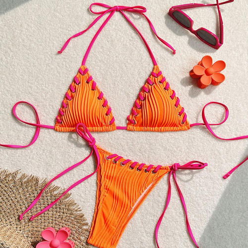 女士洞眼穿绳三角系带bikini泳衣辣妹沙滩性感分体显瘦比基尼泳装 - 图1
