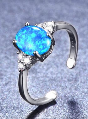 新款亚马逊 白金 7*9mm椭圆形蓝色奥宝开口戒指简约