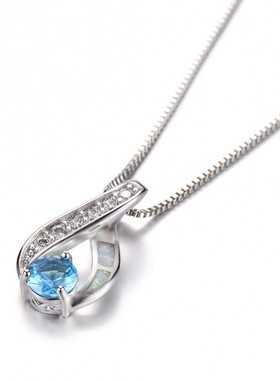 新款欧美网红简约ins女士吊坠白金澳宝圆形水蓝色钻项链
