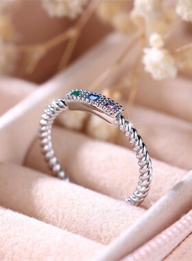 新款跨境虾皮韩版白金圆形镶水钻彩色的百搭小香风女士戒指