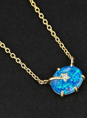 新款欧美时尚蓝色澳宝白金椭圆六爪蓝澳宝星星项链简约个性百搭饰