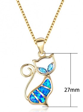 新款欧美时尚饰品跨境两颗水蓝色钻+蓝色澳宝猫咪吊坠项链