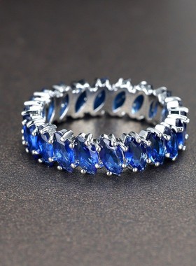 新款现货 白金10K T圈形宝蓝色叶子形创意时尚戒指