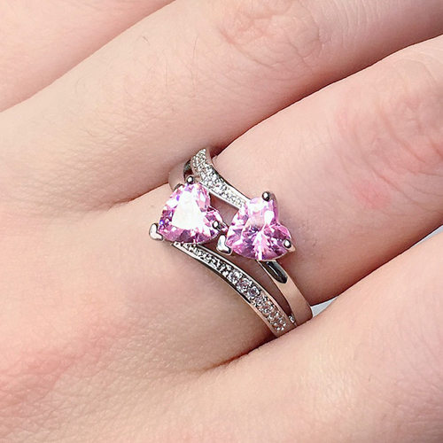 新款欧美爆款ring女士锆石戒指双心形宝石镀白金铜指环首饰品 - 图3