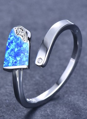 新款欧美亚马逊925蓝色澳宝冰棒状半椭圆形简约开口戒指